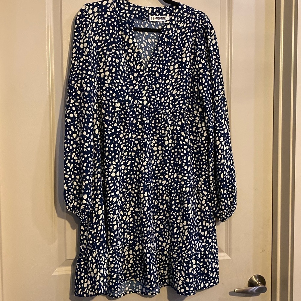 Temofon dress tiered casual comfy blue & cream size medium new